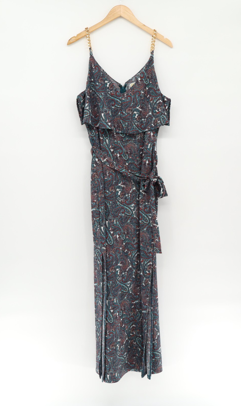 Michael Kors Women's Blue Paisley Gold Chain Strap Midi Dress Size XL